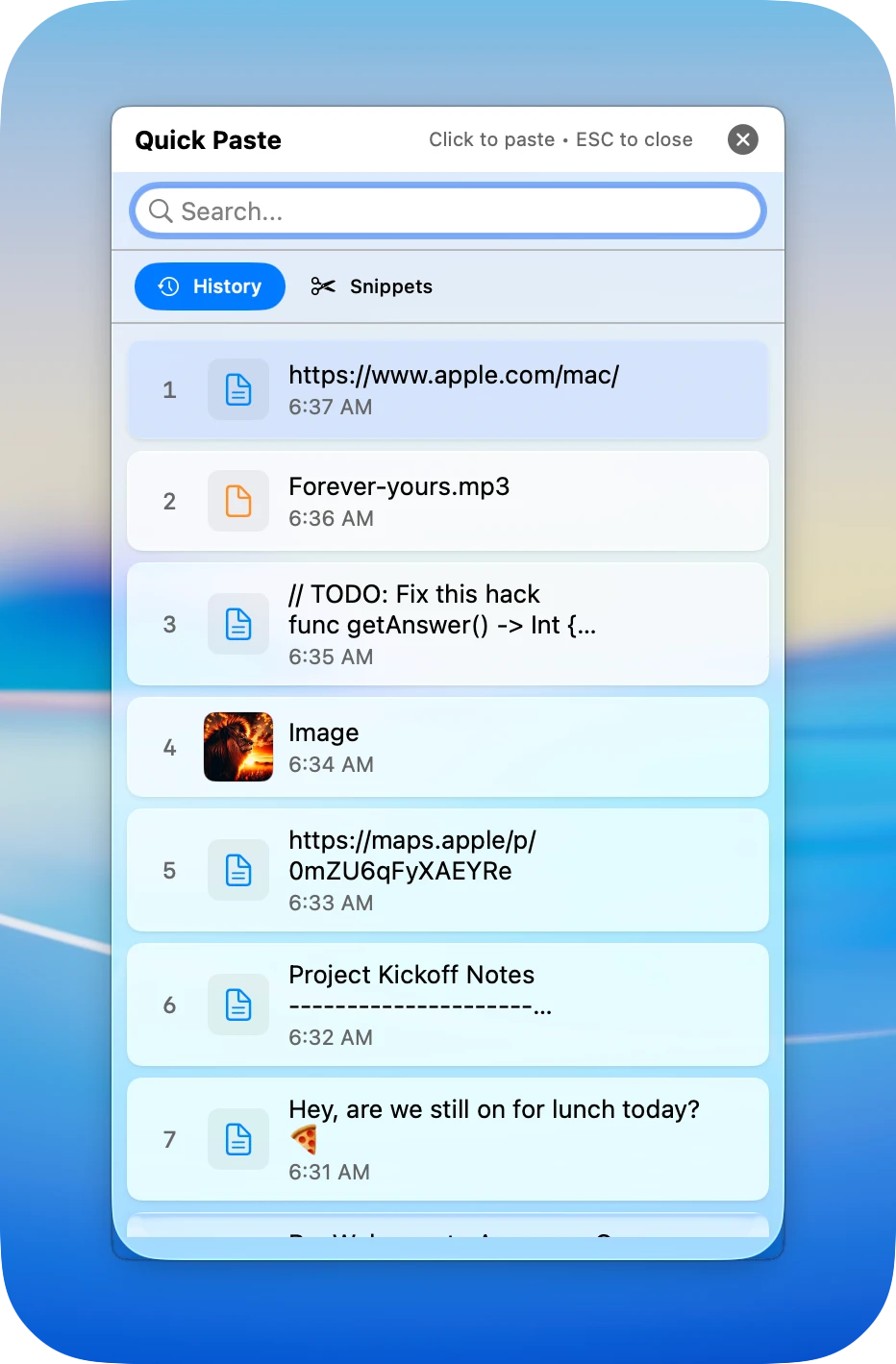 Quick paste popup in macOS clipboard manager